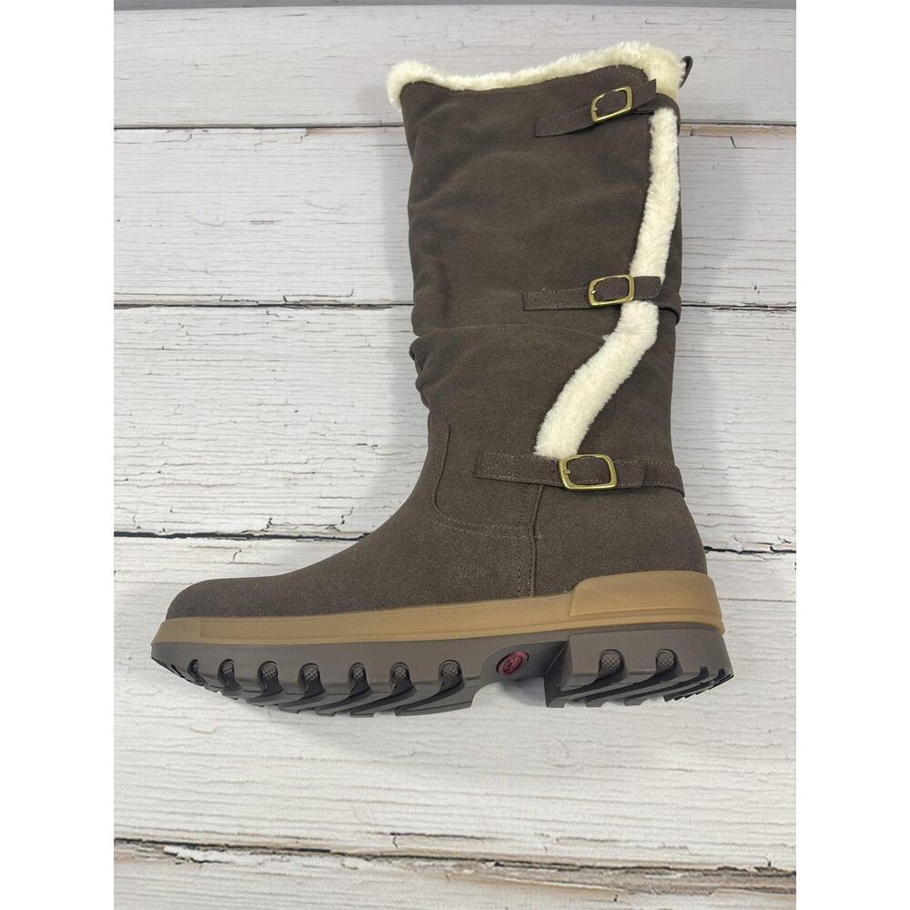 Baretraps Navia Boots Womens Size 9M Dark Brown Faux Suede Fur Trim Mid Calf